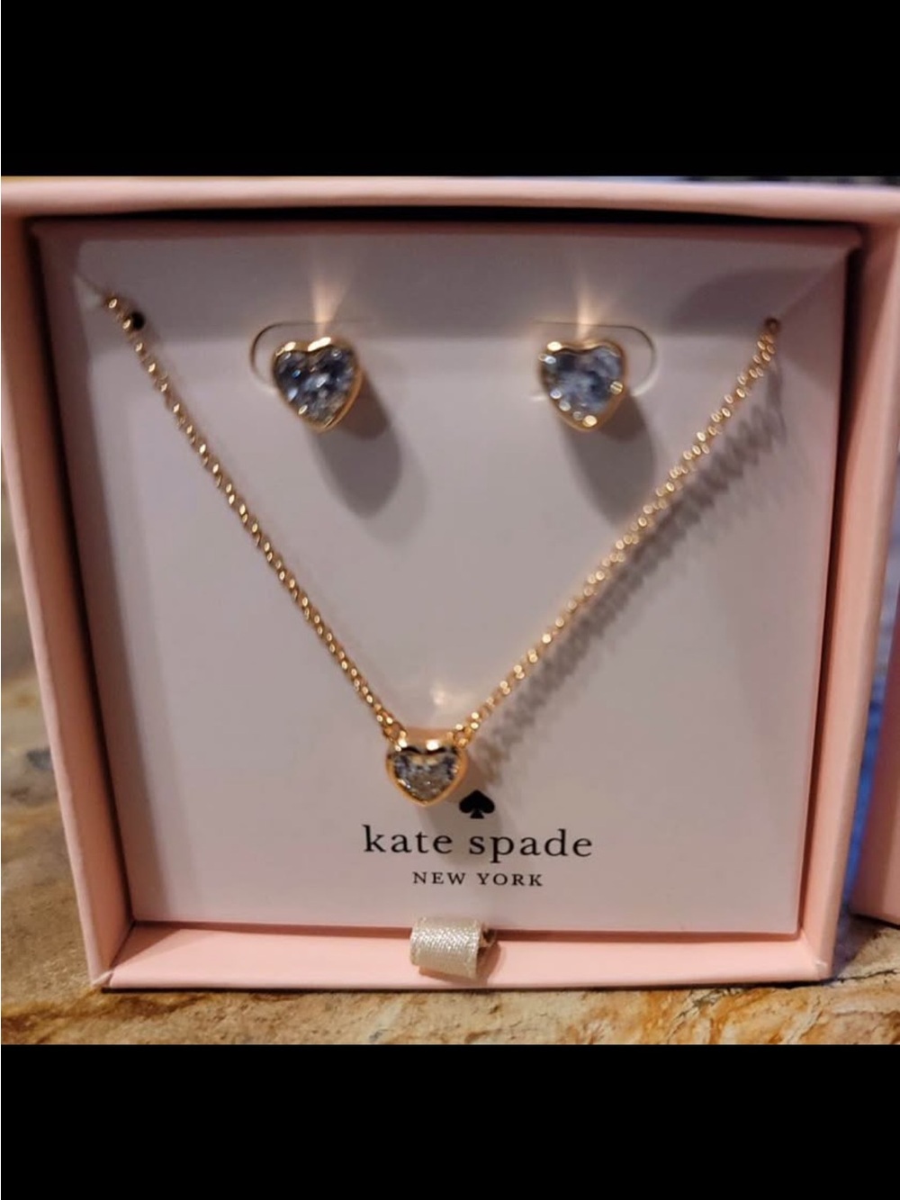 Kate Spade Gold Heart Crystal Necklace and Stud Earrings - Clear Crystals